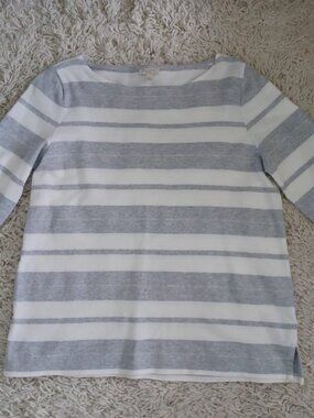 Talbots Womens Petite Large Striped Top Gray White Cotton 3/4 Sleeve Tie Sleeve